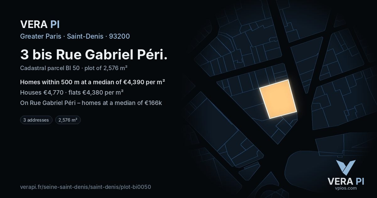 3 bis Rue Gabriel Péri, Saint-Denis at night – the plot lit, the parcels around coloured by the prices near them