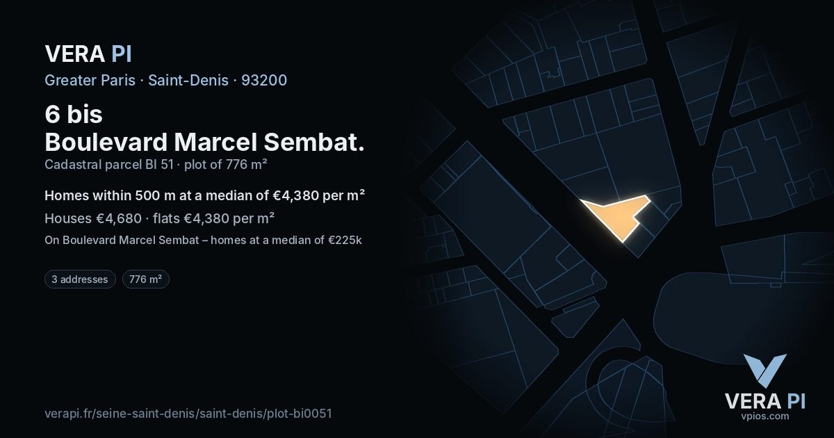 6 bis Boulevard Marcel Sembat, Saint-Denis at night – the plot lit, the parcels around coloured by the prices near them