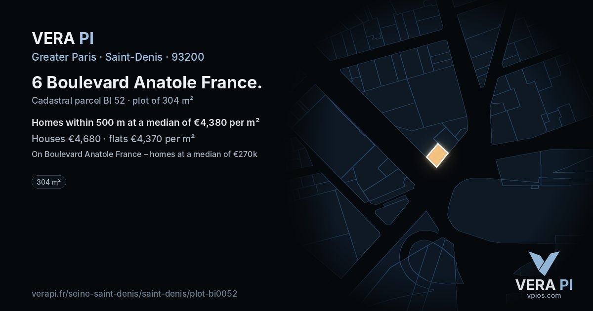 6 Boulevard Anatole France, Saint-Denis at night – the plot lit, the parcels around coloured by the prices near them