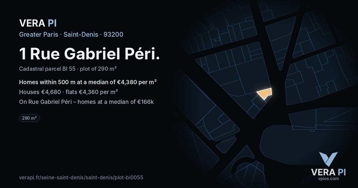 1 Rue Gabriel Péri, Saint-Denis at night – the plot lit, the parcels around coloured by the prices near them