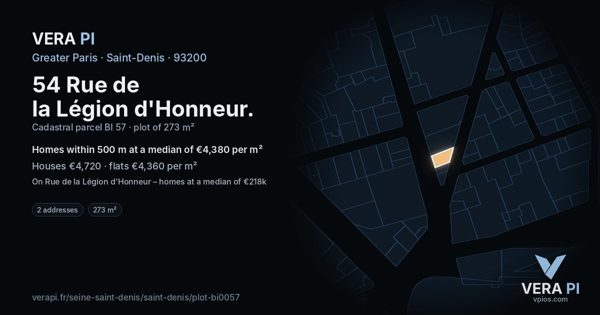 54 Rue de la Légion d'Honneur, Saint-Denis at night – the plot lit, the parcels around coloured by the prices near them