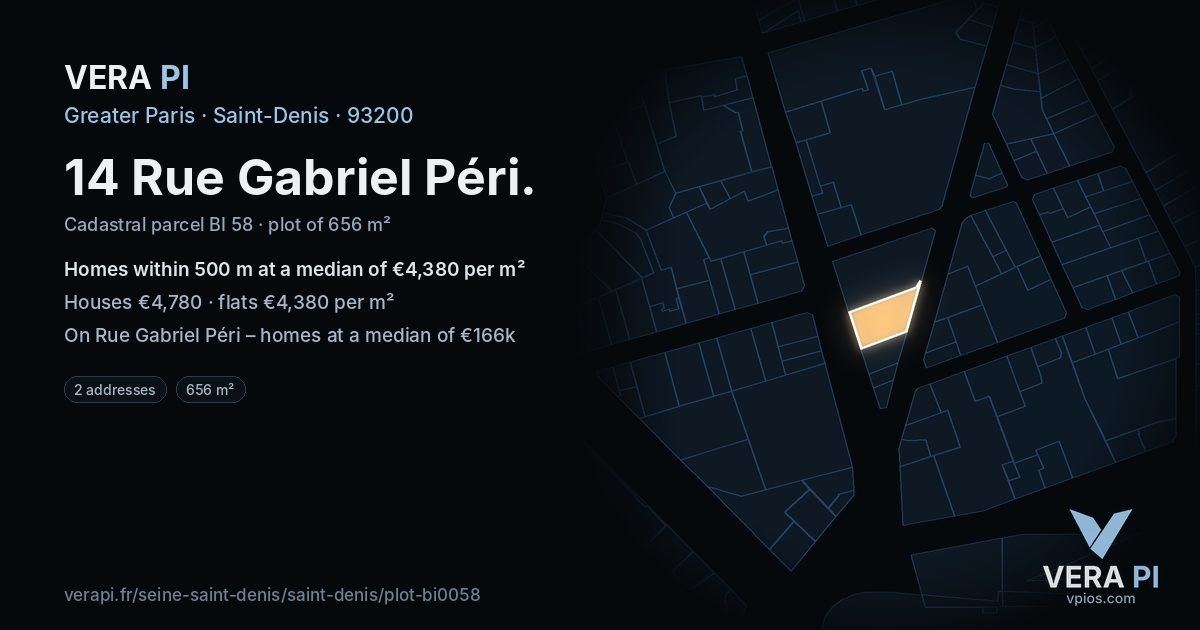 14 Rue Gabriel Péri, Saint-Denis at night – the plot lit, the parcels around coloured by the prices near them