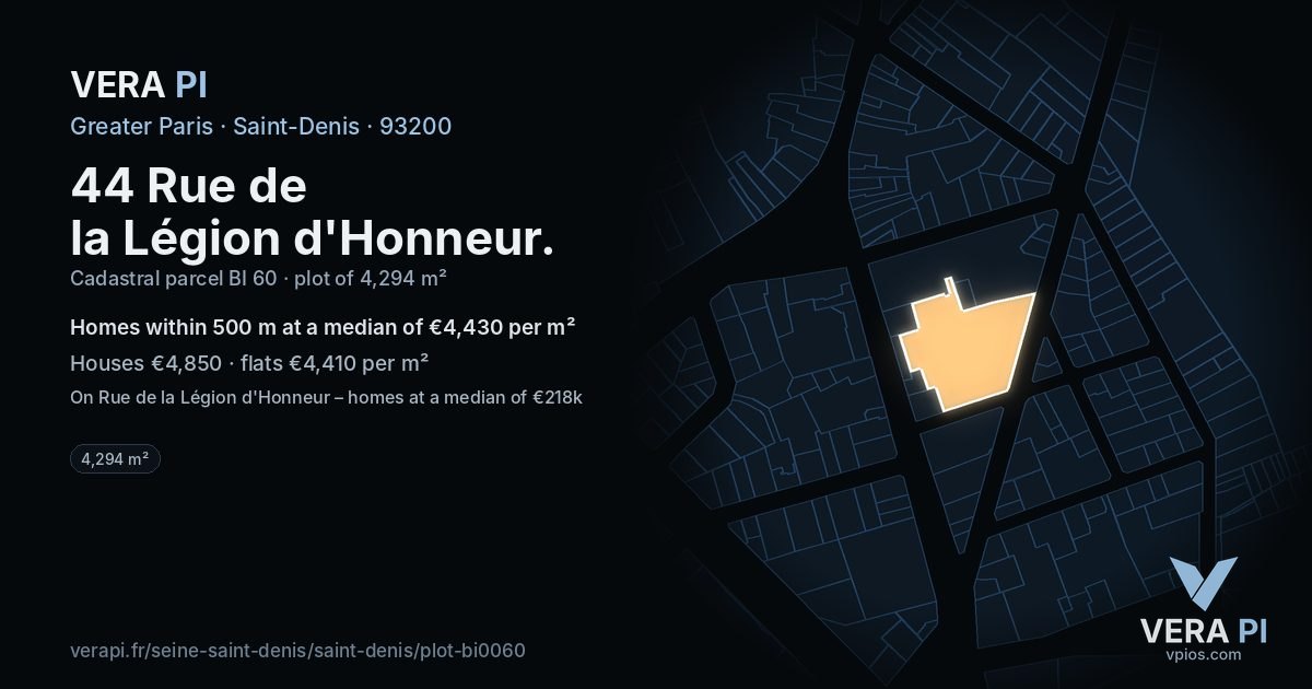 44 Rue de la Légion d'Honneur, Saint-Denis at night – the plot lit, the parcels around coloured by the prices near them