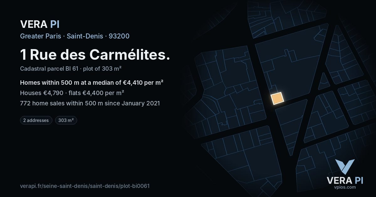 1 Rue des Carmélites, Saint-Denis at night – the plot lit, the parcels around coloured by the prices near them
