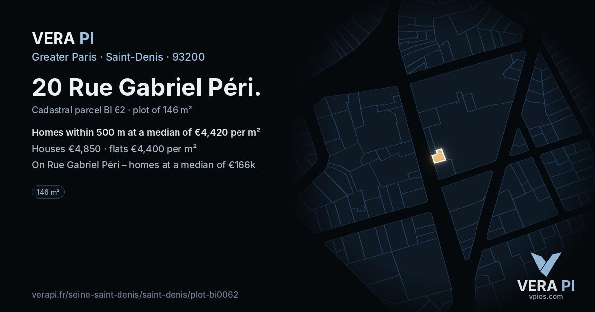 20 Rue Gabriel Péri, Saint-Denis at night – the plot lit, the parcels around coloured by the prices near them