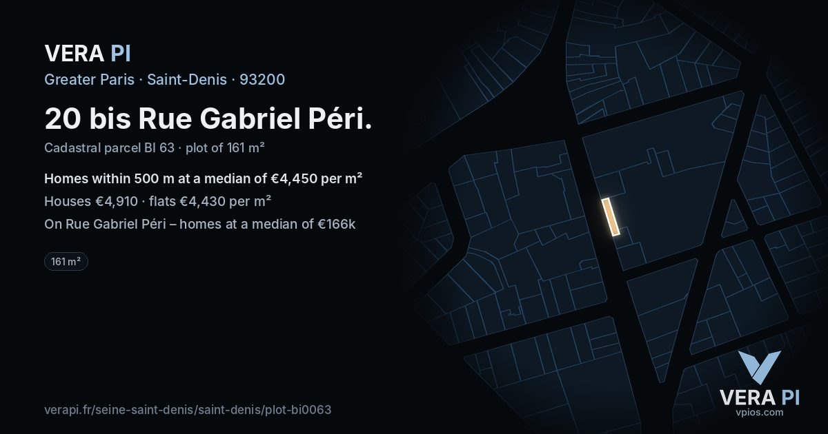 20 bis Rue Gabriel Péri, Saint-Denis at night – the plot lit, the parcels around coloured by the prices near them