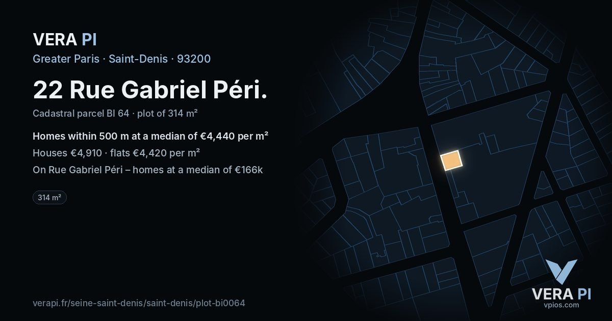 22 Rue Gabriel Péri, Saint-Denis at night – the plot lit, the parcels around coloured by the prices near them