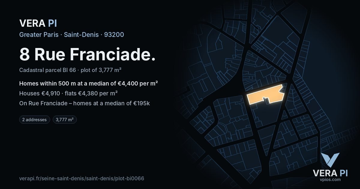 8 Rue Franciade, Saint-Denis at night – the plot lit, the parcels around coloured by the prices near them