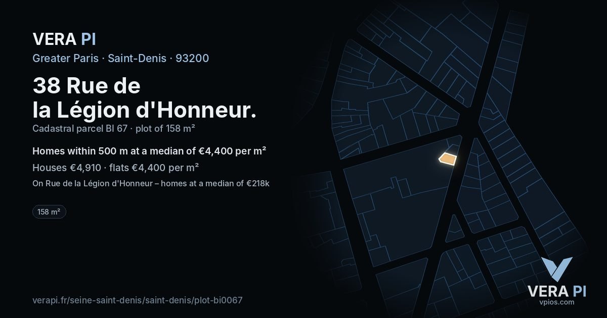 38 Rue de la Légion d'Honneur, Saint-Denis at night – the plot lit, the parcels around coloured by the prices near them