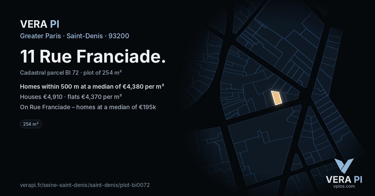 11 Rue Franciade, Saint-Denis at night – the plot lit, the parcels around coloured by the prices near them