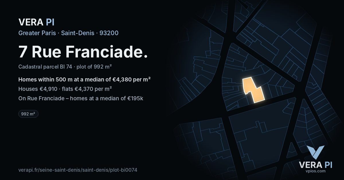 7 Rue Franciade, Saint-Denis at night – the plot lit, the parcels around coloured by the prices near them