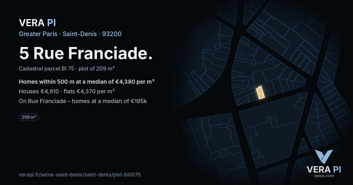 5 Rue Franciade, Saint-Denis at night – the plot lit, the parcels around coloured by the prices near them
