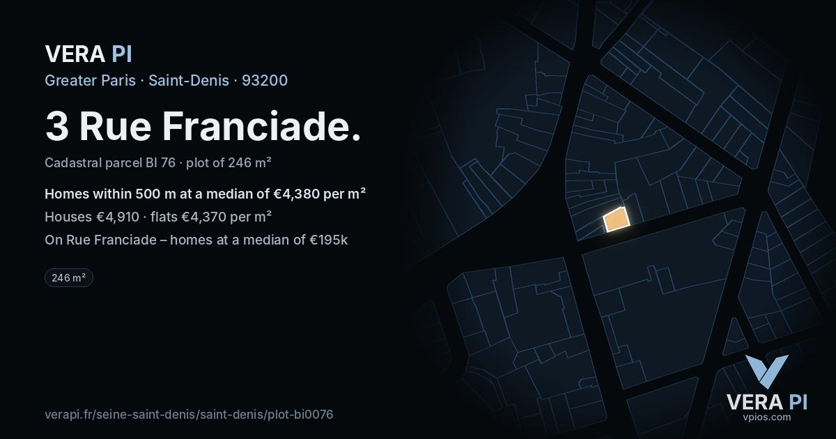 3 Rue Franciade, Saint-Denis at night – the plot lit, the parcels around coloured by the prices near them