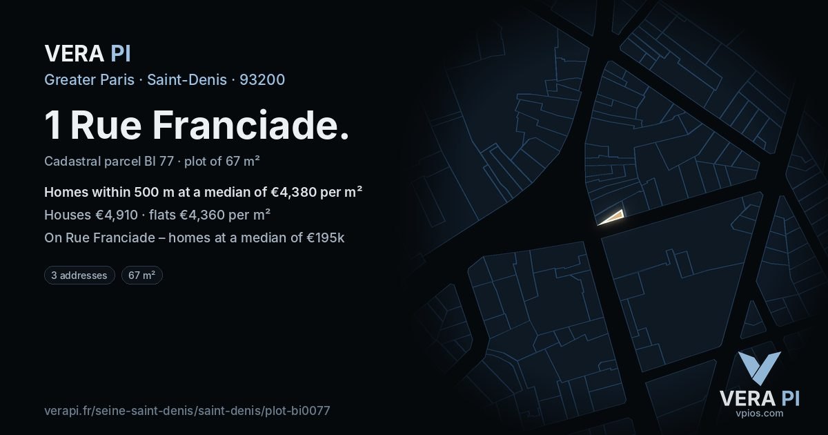 1 Rue Franciade, Saint-Denis at night – the plot lit, the parcels around coloured by the prices near them