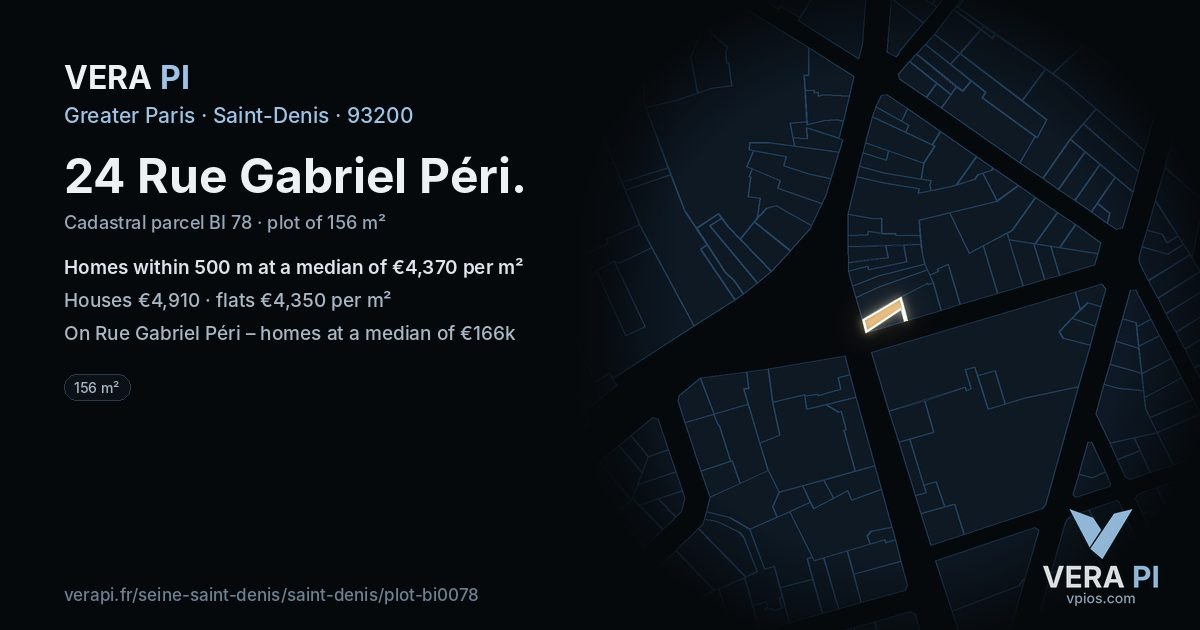 24 Rue Gabriel Péri, Saint-Denis at night – the plot lit, the parcels around coloured by the prices near them