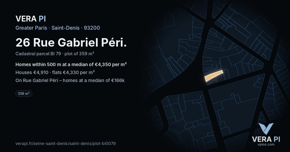 26 Rue Gabriel Péri, Saint-Denis at night – the plot lit, the parcels around coloured by the prices near them