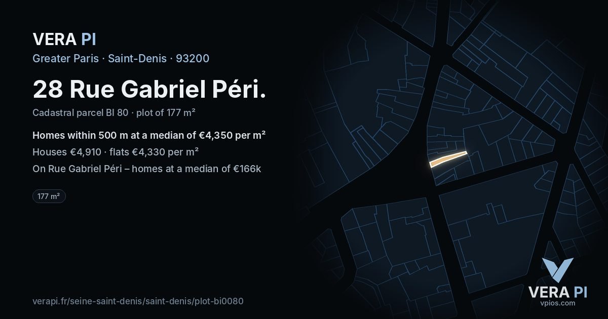 28 Rue Gabriel Péri, Saint-Denis at night – the plot lit, the parcels around coloured by the prices near them