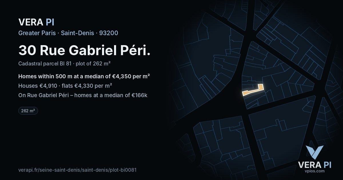 30 Rue Gabriel Péri, Saint-Denis at night – the plot lit, the parcels around coloured by the prices near them