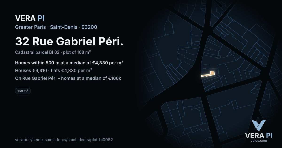 32 Rue Gabriel Péri, Saint-Denis at night – the plot lit, the parcels around coloured by the prices near them