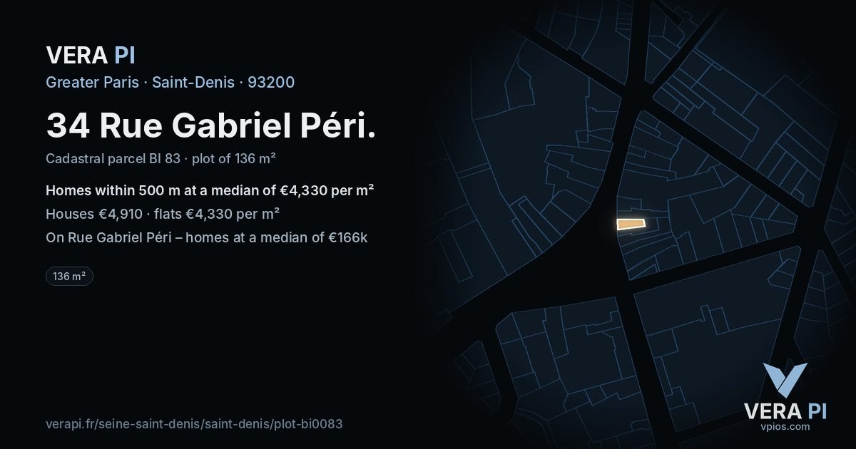 34 Rue Gabriel Péri, Saint-Denis at night – the plot lit, the parcels around coloured by the prices near them