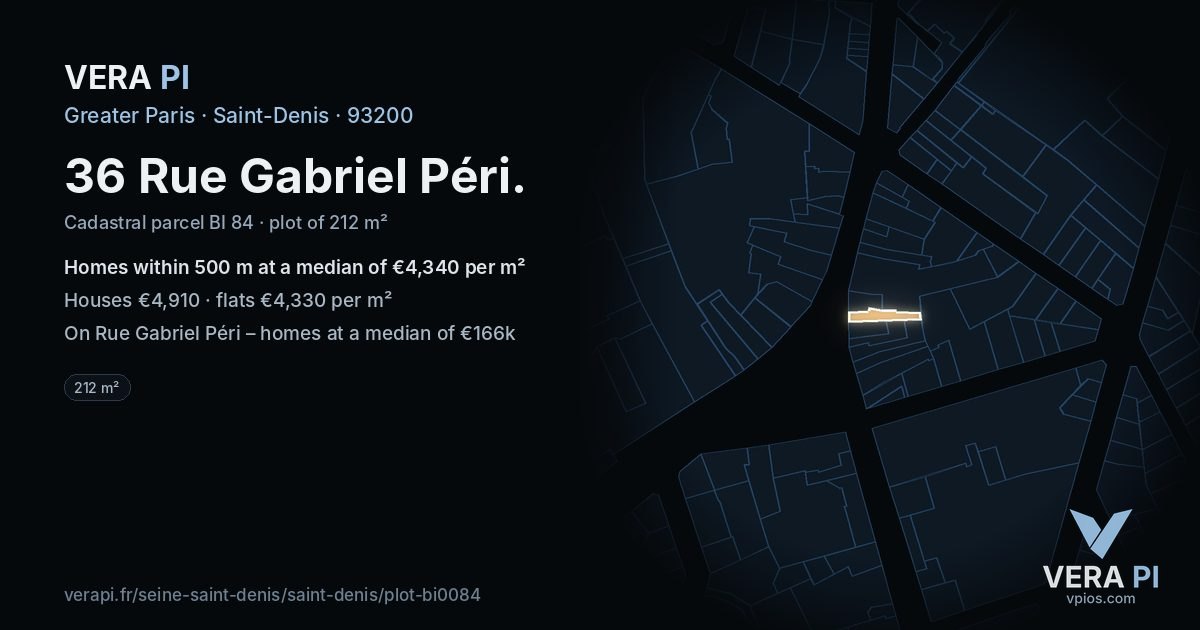 36 Rue Gabriel Péri, Saint-Denis at night – the plot lit, the parcels around coloured by the prices near them