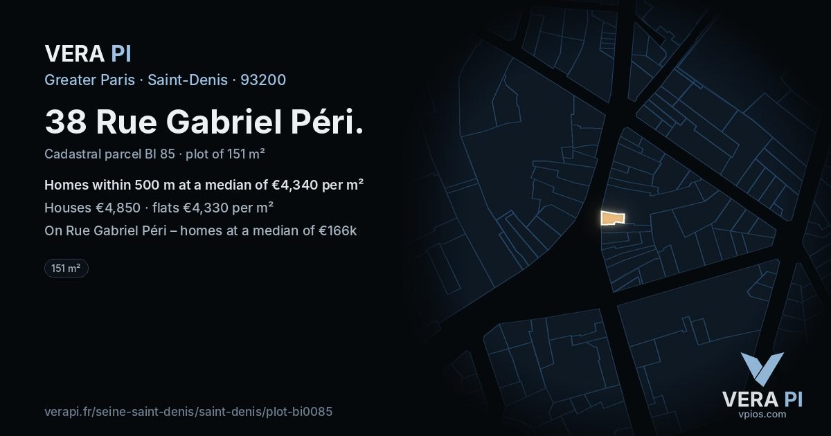 38 Rue Gabriel Péri, Saint-Denis at night – the plot lit, the parcels around coloured by the prices near them