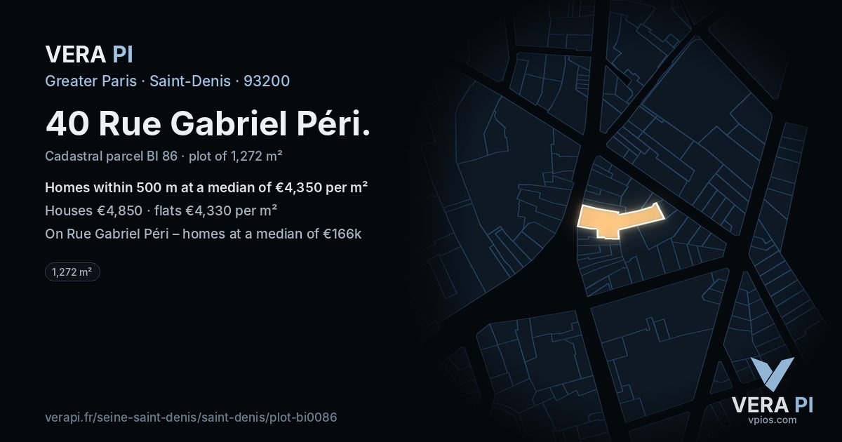 40 Rue Gabriel Péri, Saint-Denis at night – the plot lit, the parcels around coloured by the prices near them