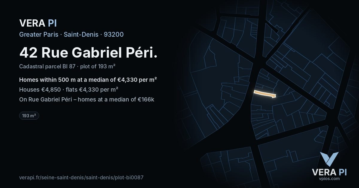 42 Rue Gabriel Péri, Saint-Denis at night – the plot lit, the parcels around coloured by the prices near them