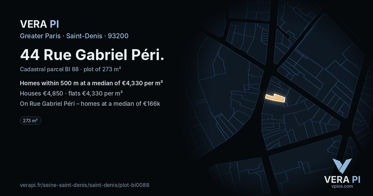 44 Rue Gabriel Péri, Saint-Denis at night – the plot lit, the parcels around coloured by the prices near them