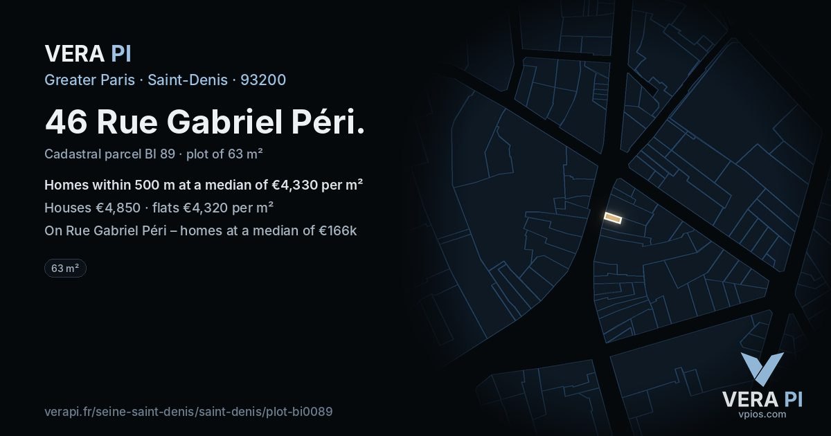 46 Rue Gabriel Péri, Saint-Denis at night – the plot lit, the parcels around coloured by the prices near them