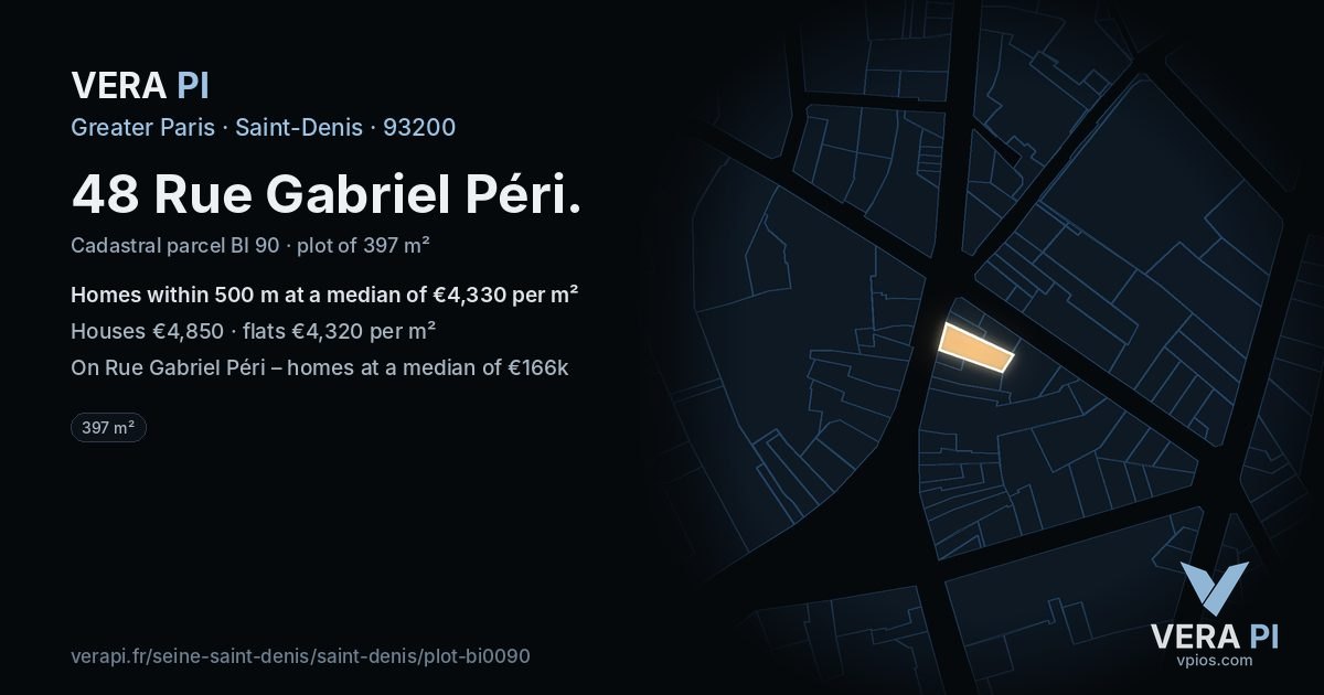 48 Rue Gabriel Péri, Saint-Denis at night – the plot lit, the parcels around coloured by the prices near them