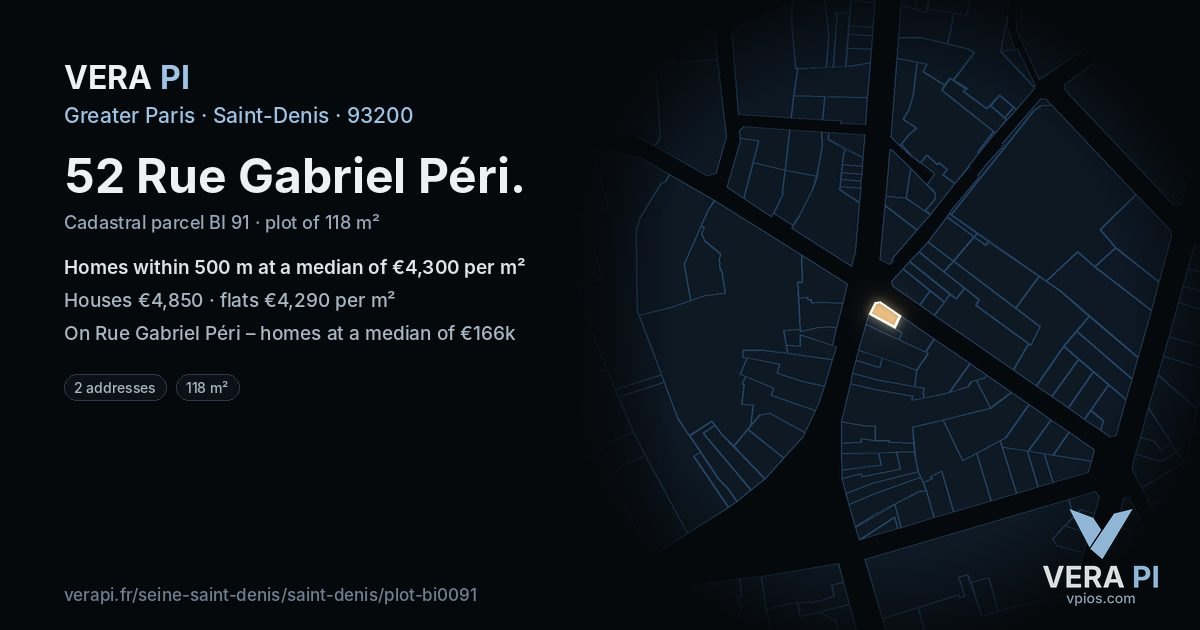 52 Rue Gabriel Péri, Saint-Denis at night – the plot lit, the parcels around coloured by the prices near them