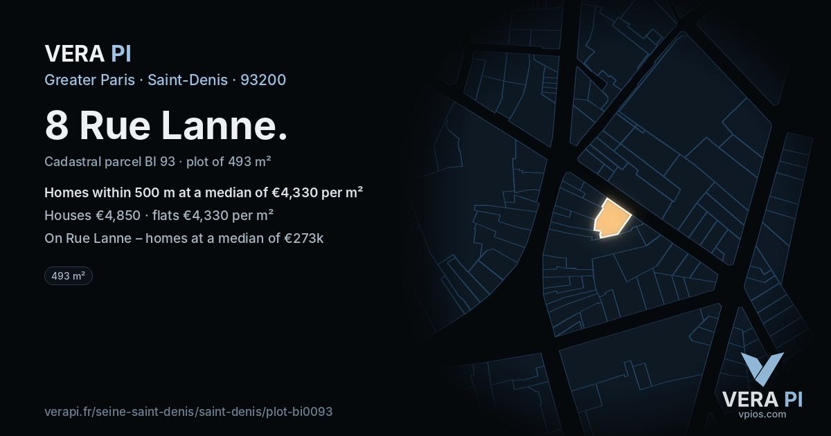 8 Rue Lanne, Saint-Denis at night – the plot lit, the parcels around coloured by the prices near them
