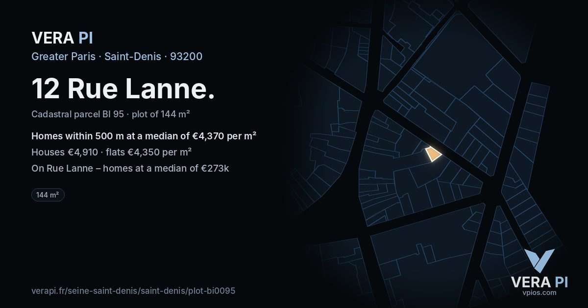 12 Rue Lanne, Saint-Denis at night – the plot lit, the parcels around coloured by the prices near them