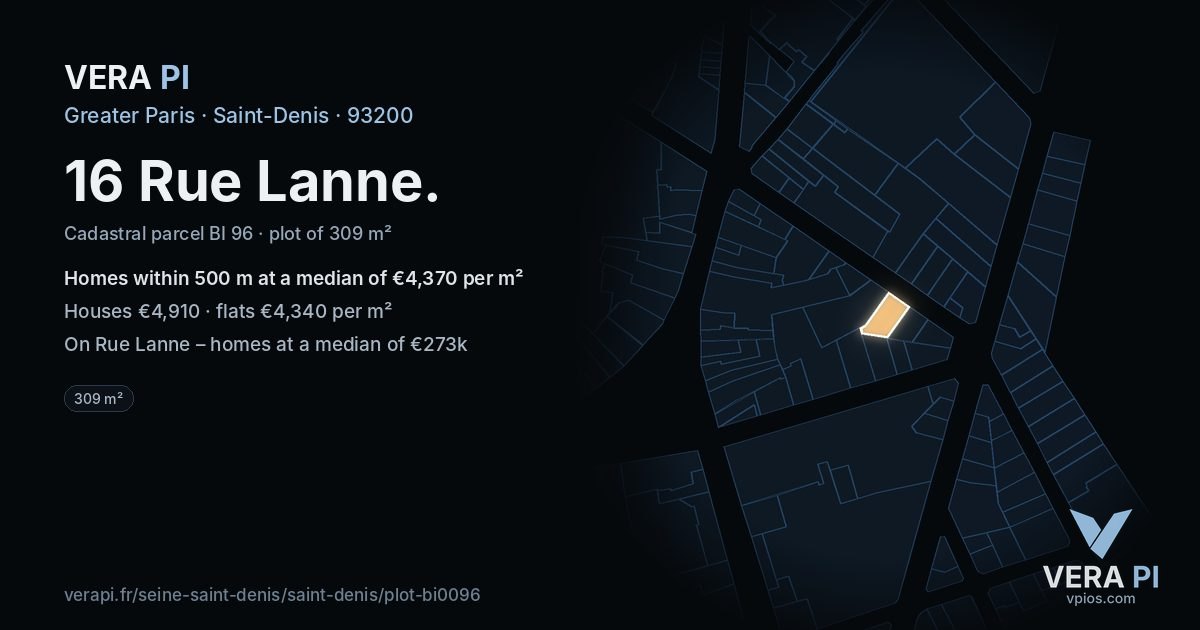 16 Rue Lanne, Saint-Denis at night – the plot lit, the parcels around coloured by the prices near them