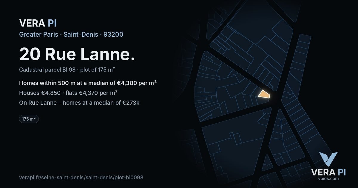20 Rue Lanne, Saint-Denis at night – the plot lit, the parcels around coloured by the prices near them
