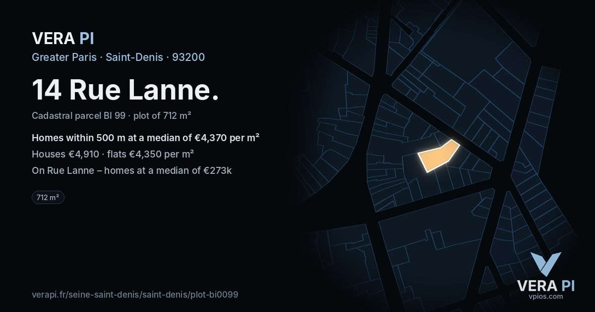 14 Rue Lanne, Saint-Denis at night – the plot lit, the parcels around coloured by the prices near them