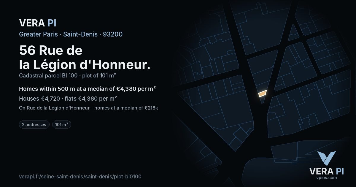 56 Rue de la Légion d'Honneur, Saint-Denis at night – the plot lit, the parcels around coloured by the prices near them