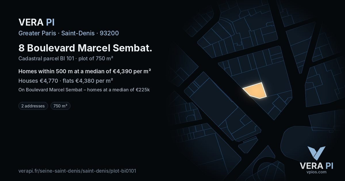 8 Boulevard Marcel Sembat, Saint-Denis at night – the plot lit, the parcels around coloured by the prices near them