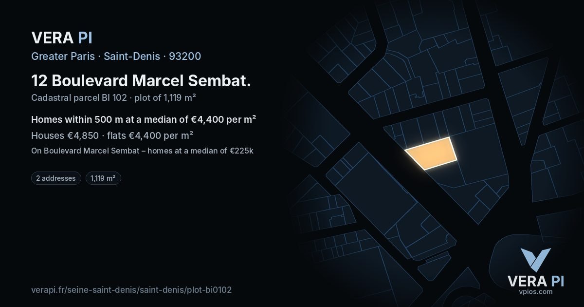12 Boulevard Marcel Sembat, Saint-Denis at night – the plot lit, the parcels around coloured by the prices near them
