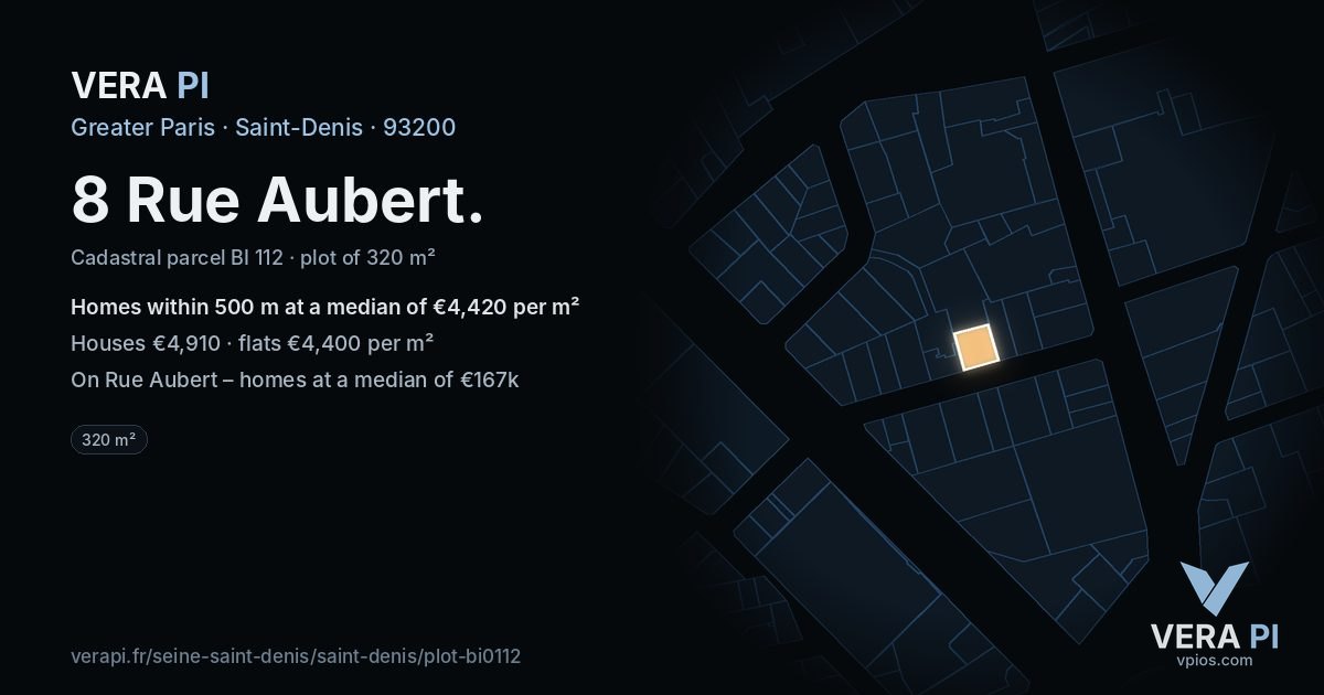 8 Rue Aubert, Saint-Denis at night – the plot lit, the parcels around coloured by the prices near them
