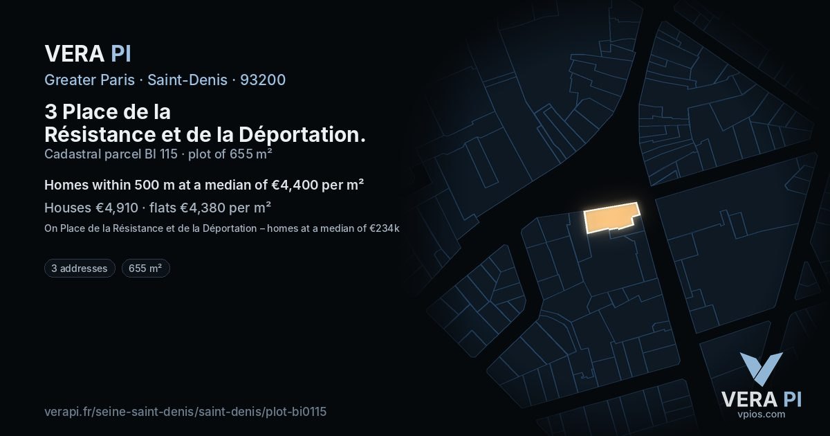 3 Place de la Résistance et de la Déportation, Saint-Denis at night – the plot lit, the parcels around coloured by the prices near them
