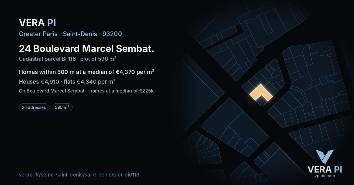24 Boulevard Marcel Sembat, Saint-Denis at night – the plot lit, the parcels around coloured by the prices near them
