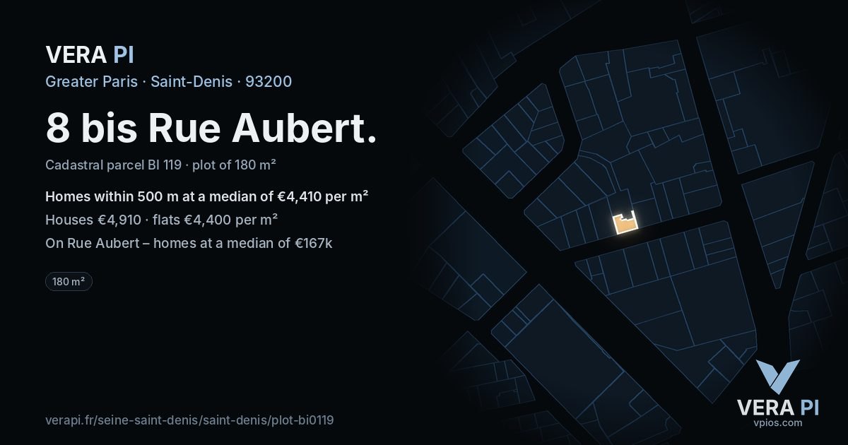 8 bis Rue Aubert, Saint-Denis at night – the plot lit, the parcels around coloured by the prices near them