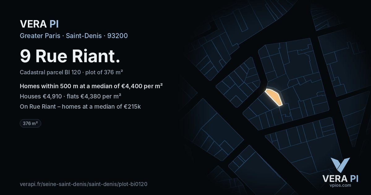 9 Rue Riant, Saint-Denis at night – the plot lit, the parcels around coloured by the prices near them