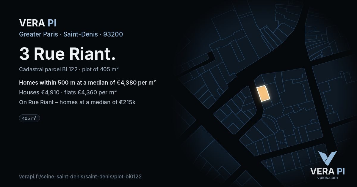 3 Rue Riant, Saint-Denis at night – the plot lit, the parcels around coloured by the prices near them