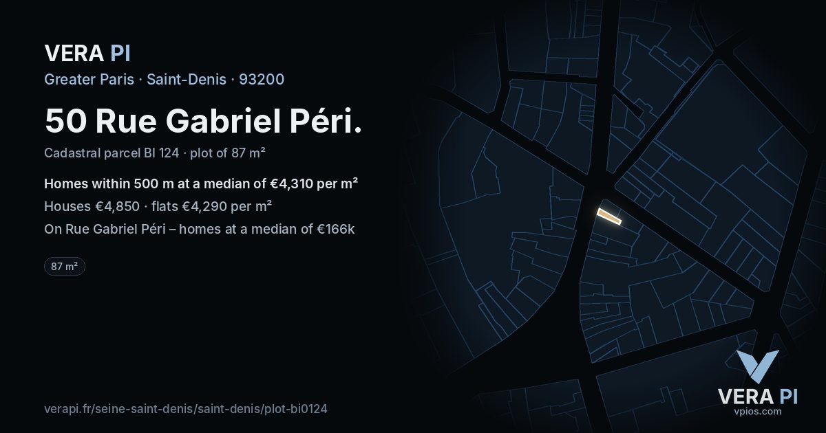 50 Rue Gabriel Péri, Saint-Denis at night – the plot lit, the parcels around coloured by the prices near them