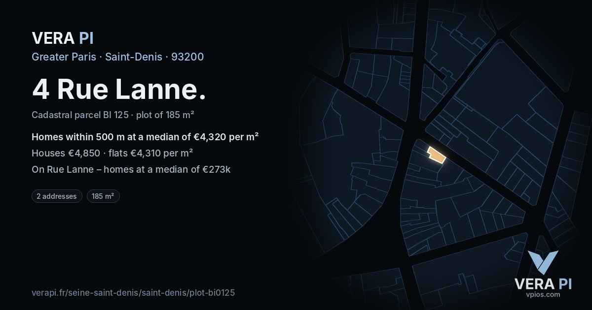 4 Rue Lanne, Saint-Denis at night – the plot lit, the parcels around coloured by the prices near them