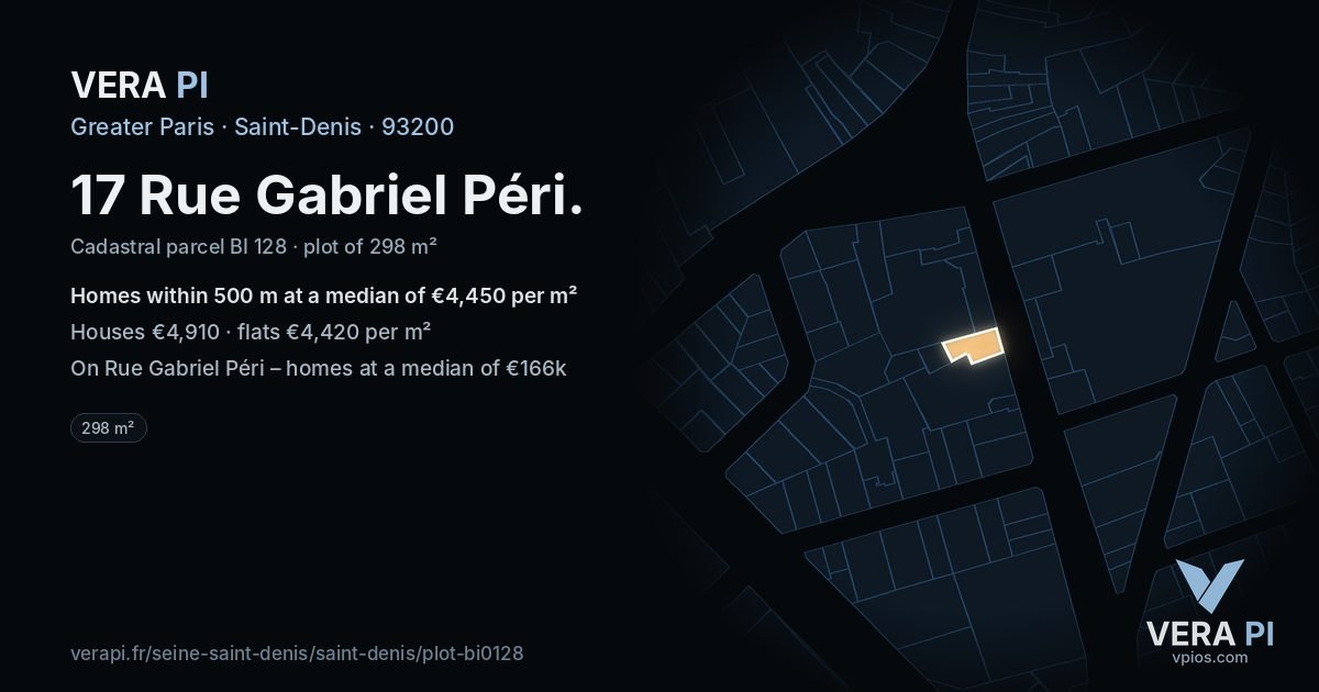 17 Rue Gabriel Péri, Saint-Denis at night – the plot lit, the parcels around coloured by the prices near them