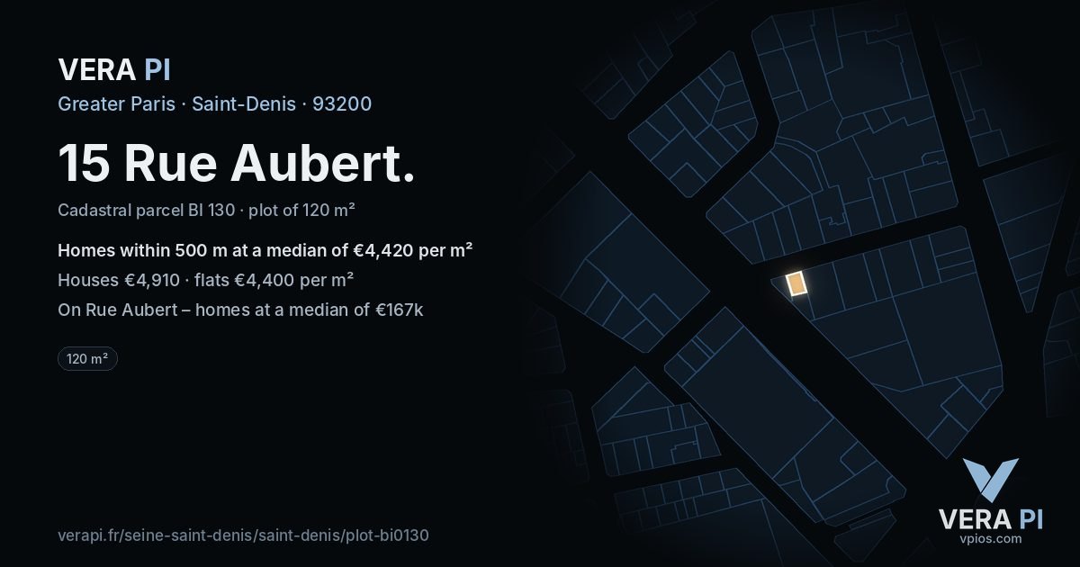15 Rue Aubert, Saint-Denis at night – the plot lit, the parcels around coloured by the prices near them